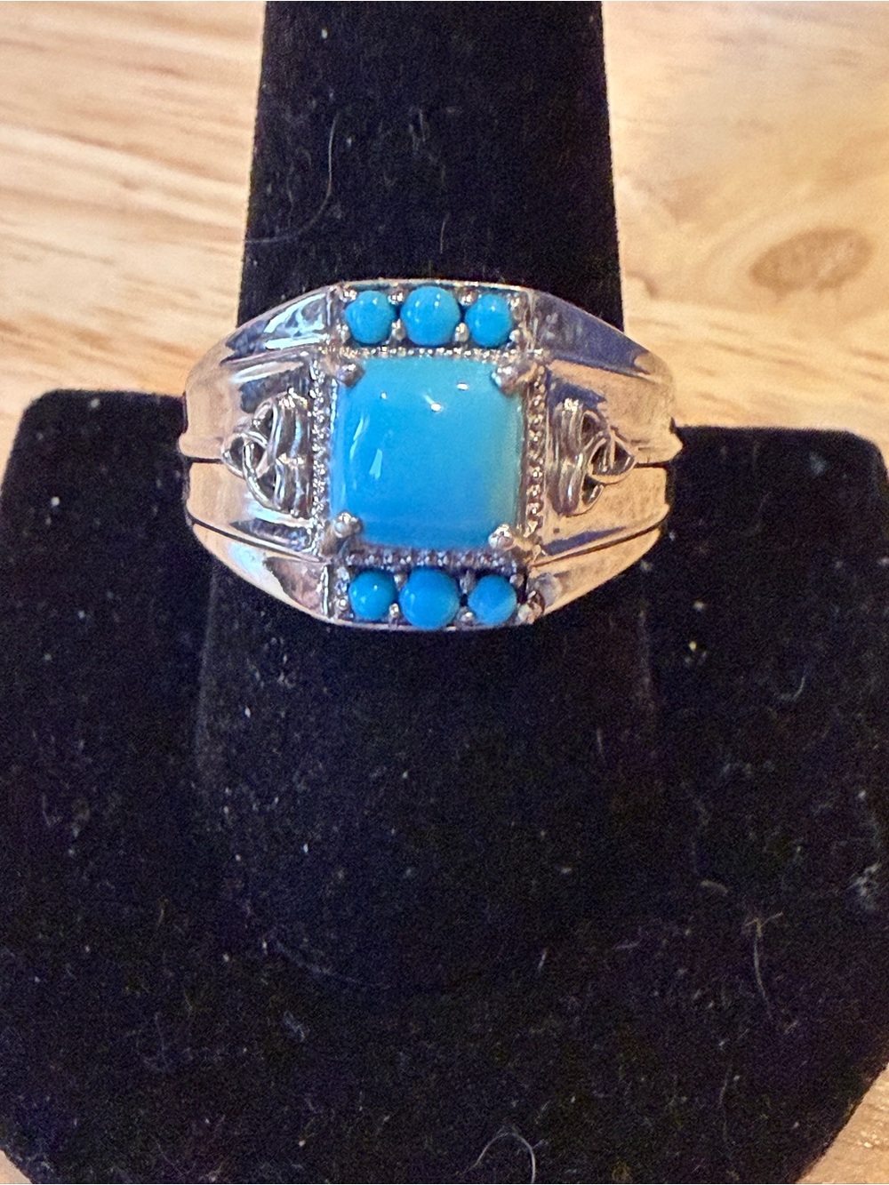Men’s Sterling Silver Sleeping Beauty Turquoise Square Center Ring.
